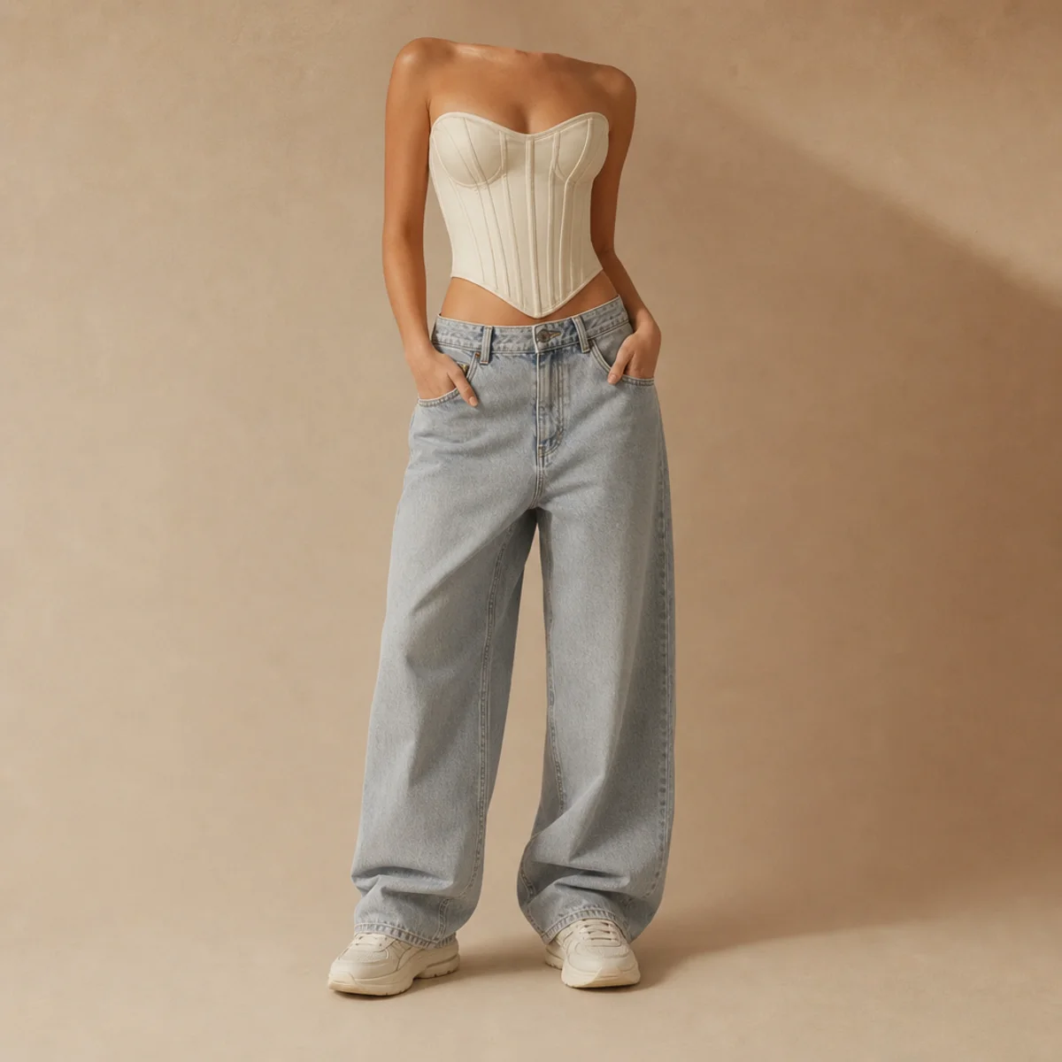Faceless waist-up shot of a corset top with baggy jeans and sneakers