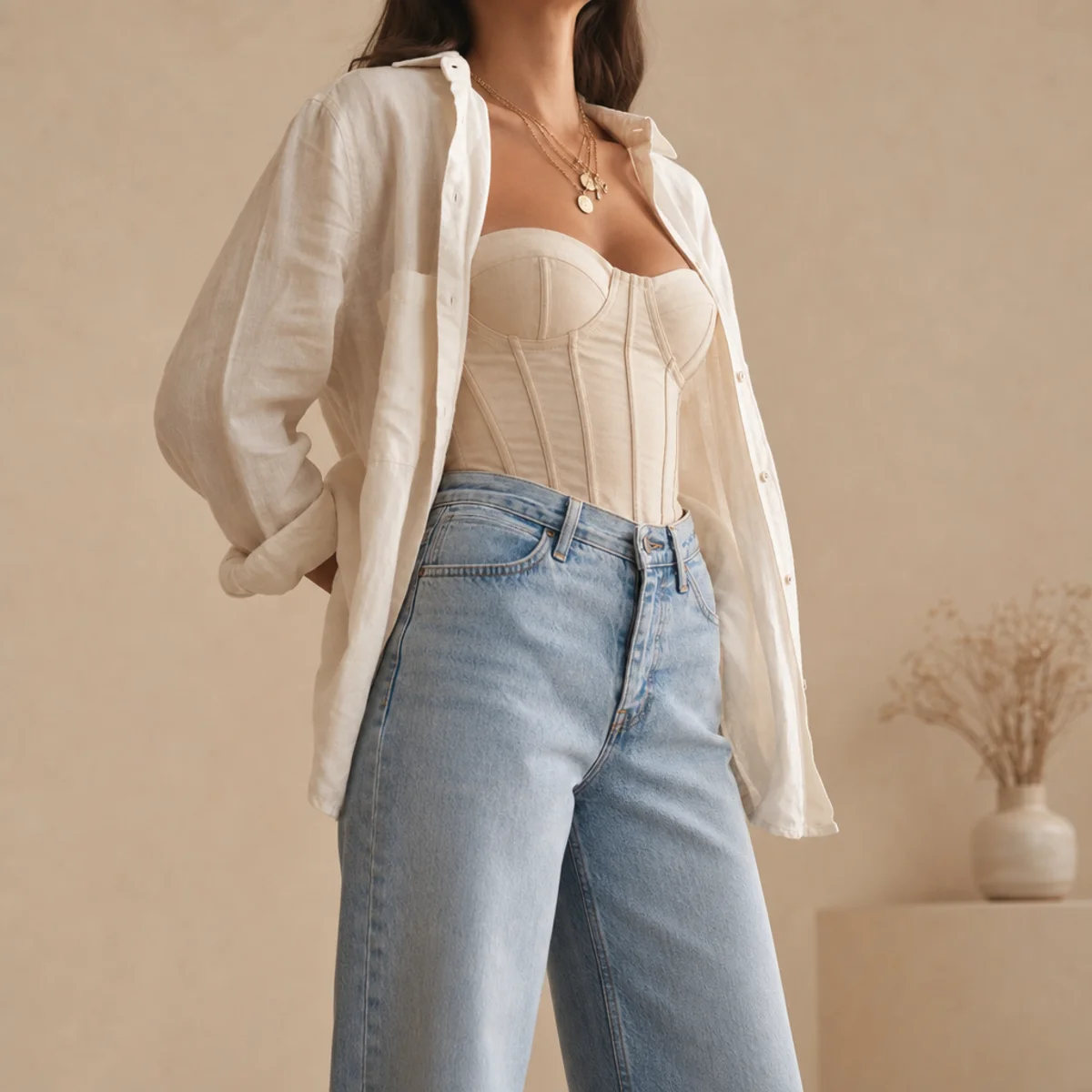 Faceless waist-up shot of a corset top under an open shirt with jeans