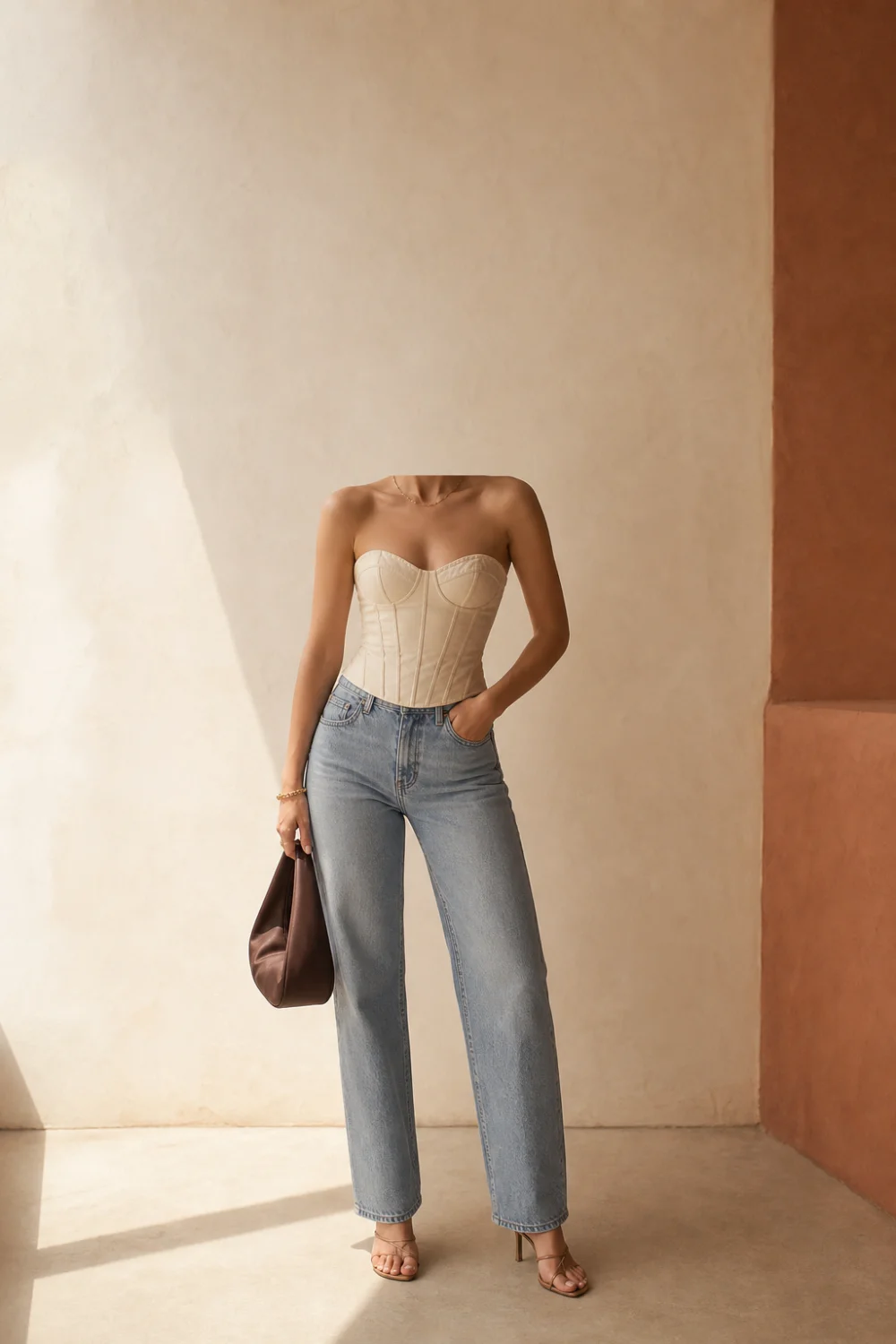 Faceless corset top and jeans outfit with heels