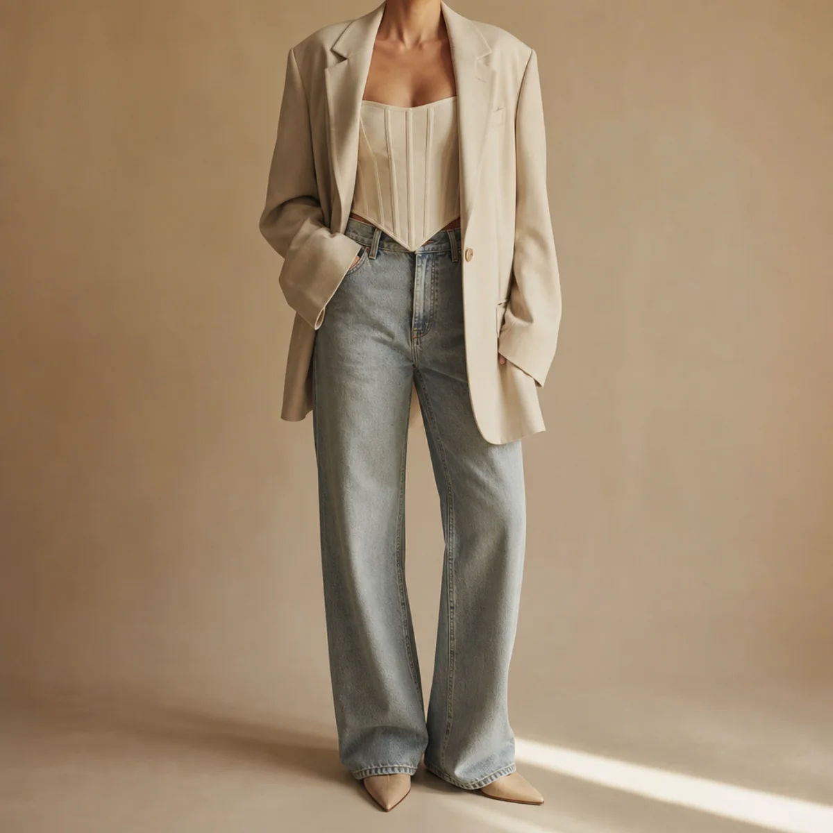 Faceless waist-up shot of a corset top under an oversized blazer with jeans