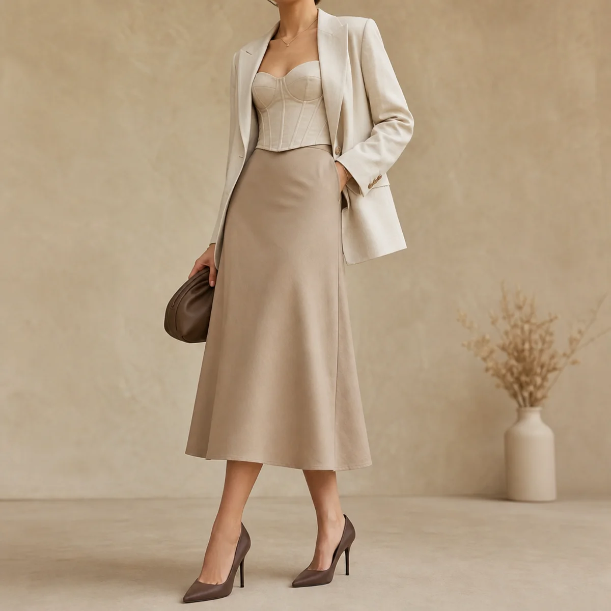 Faceless full-length shot of a corset top under a blazer with a midi skirt and heels