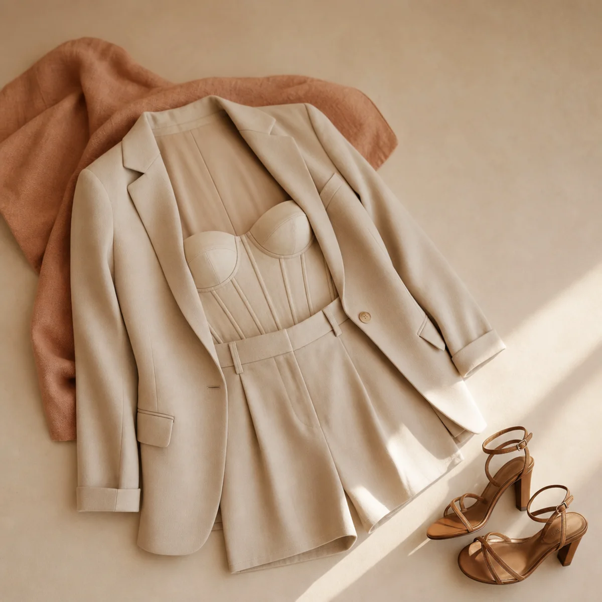 Faceless waist-up shot of a corset top under a blazer with tailored shorts and heels