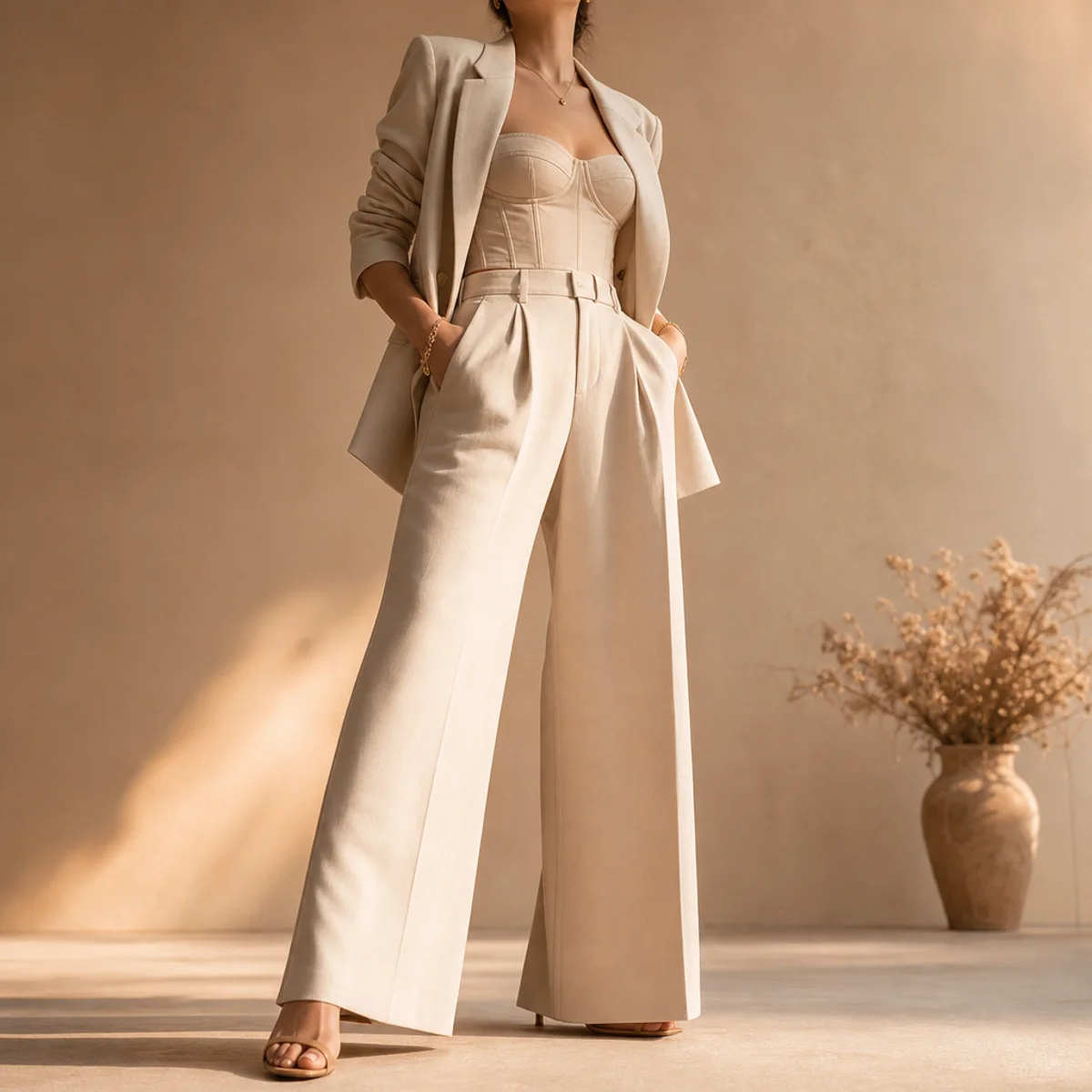 Faceless full-length shot of a corset top under a blazer with wide-leg trousers and heels