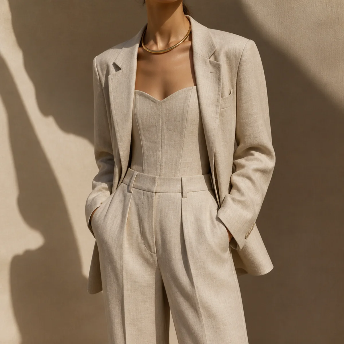 Faceless waist-up editorial shot of a corset top under an open blazer with tailored trousers