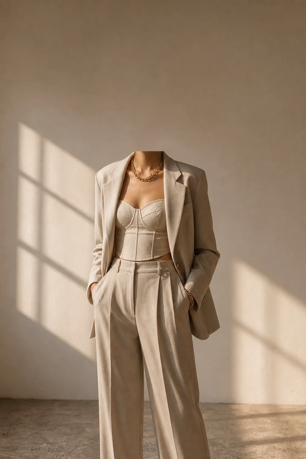 Faceless corset and blazer outfit with tailored trousers and heels