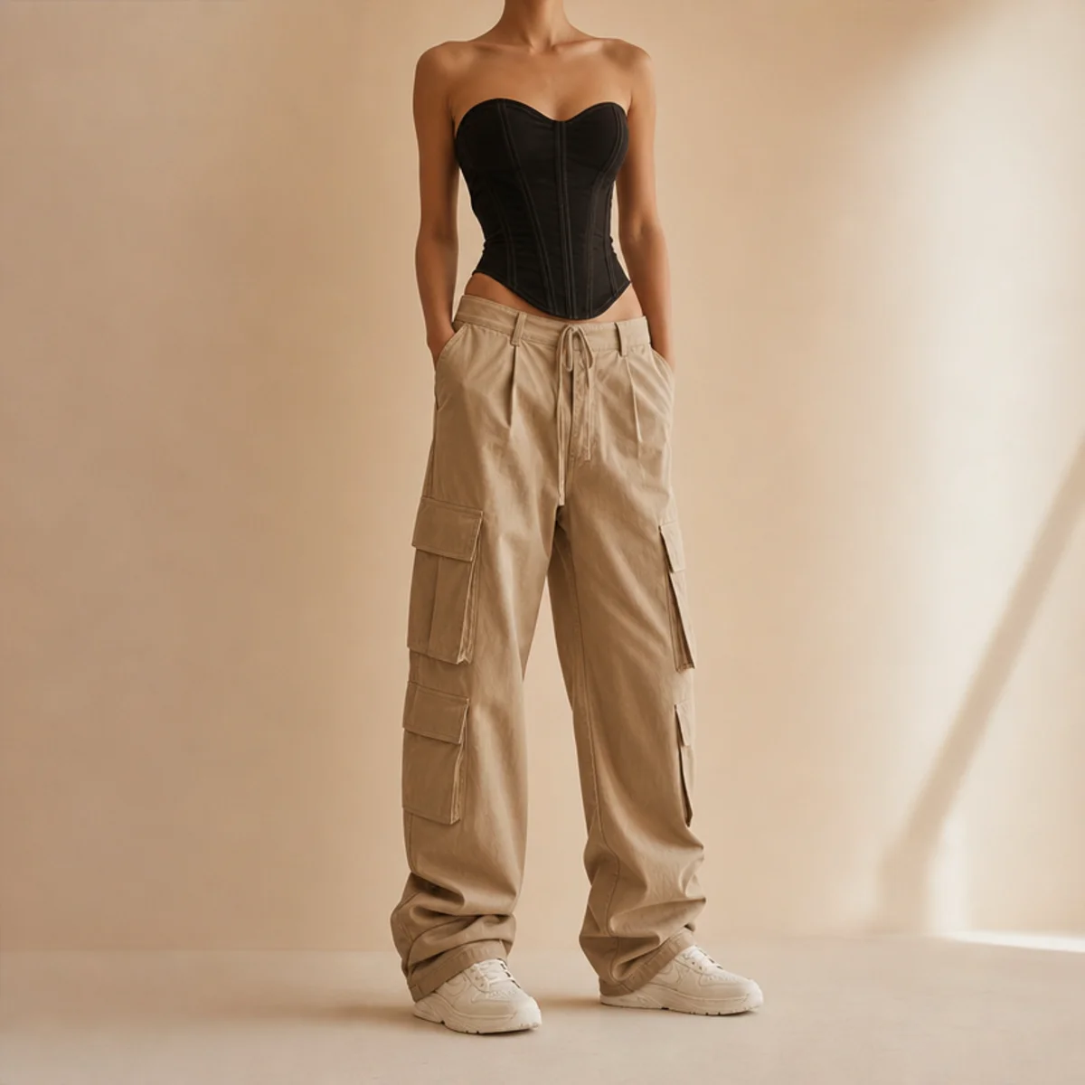 Faceless waist-up shot of a black corset top with khaki cargo pants and sneakers