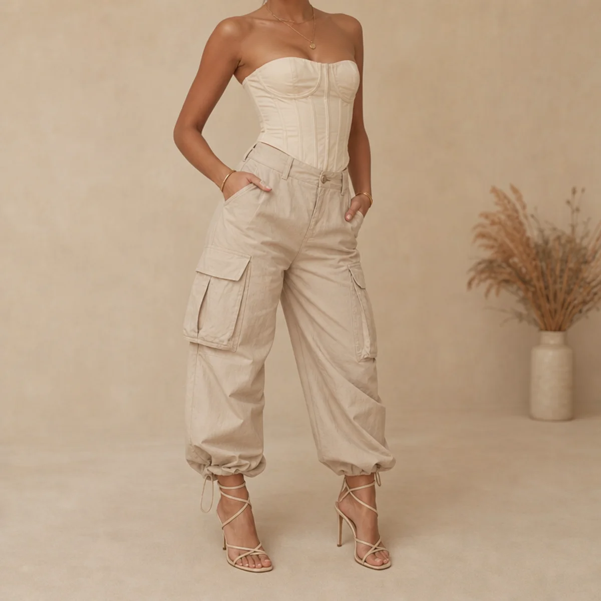 Faceless waist-up shot of a corset top with baggy cargo pants and strappy heels