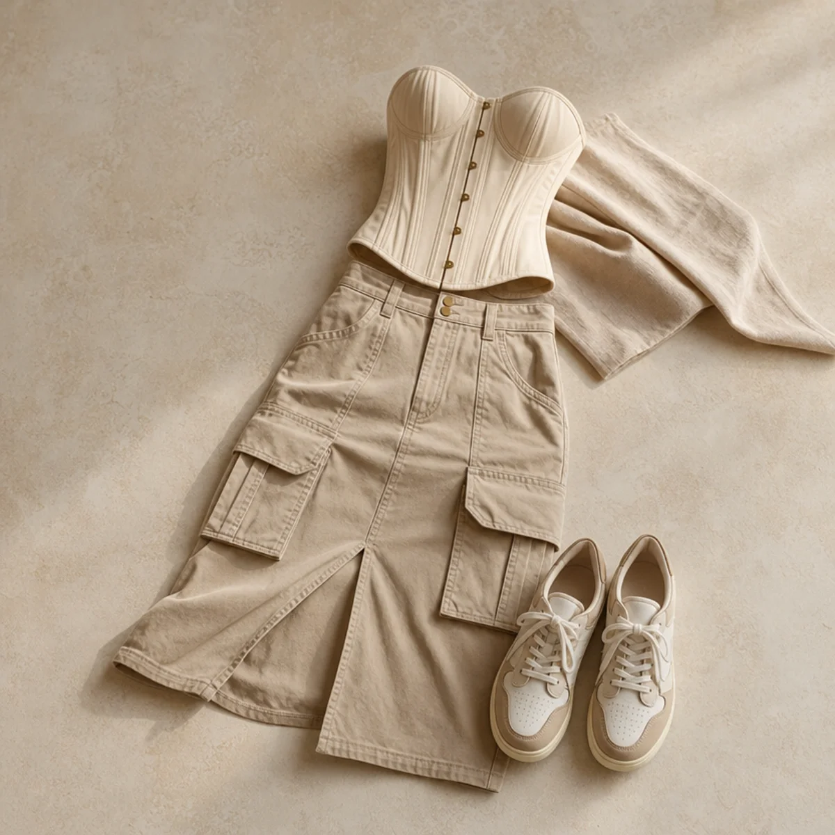 Faceless full-length shot of a corset top with a cargo midi skirt and sneakers