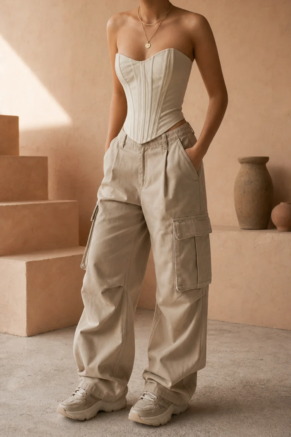 Faceless corset and cargo pants outfit with baggy cargos and sneakers