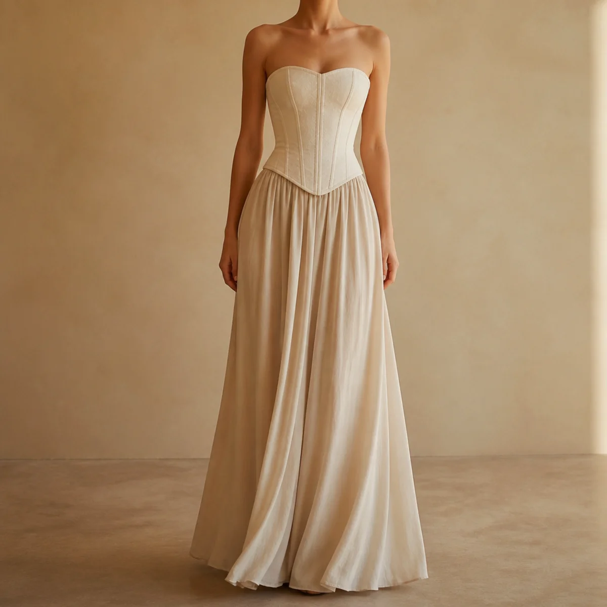 Faceless full-length shot of a corset top with a flowing maxi skirt