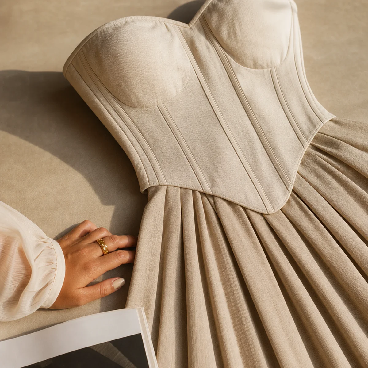 Faceless full-length shot of a corset top with a pleated midi skirt and heels