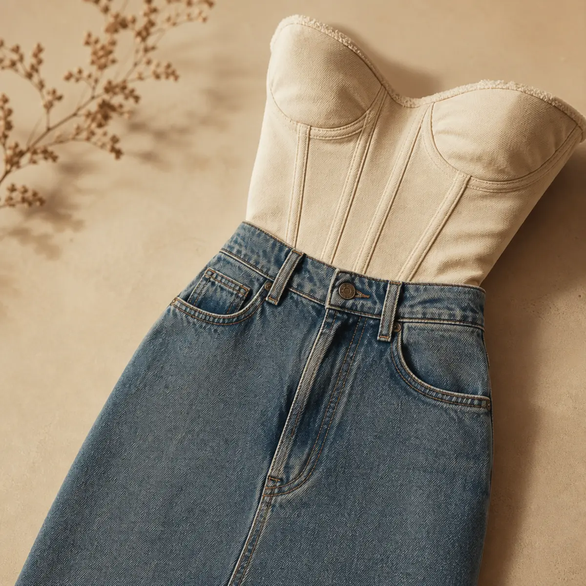 Faceless full-length shot of a corset top with a denim midi skirt and sandals