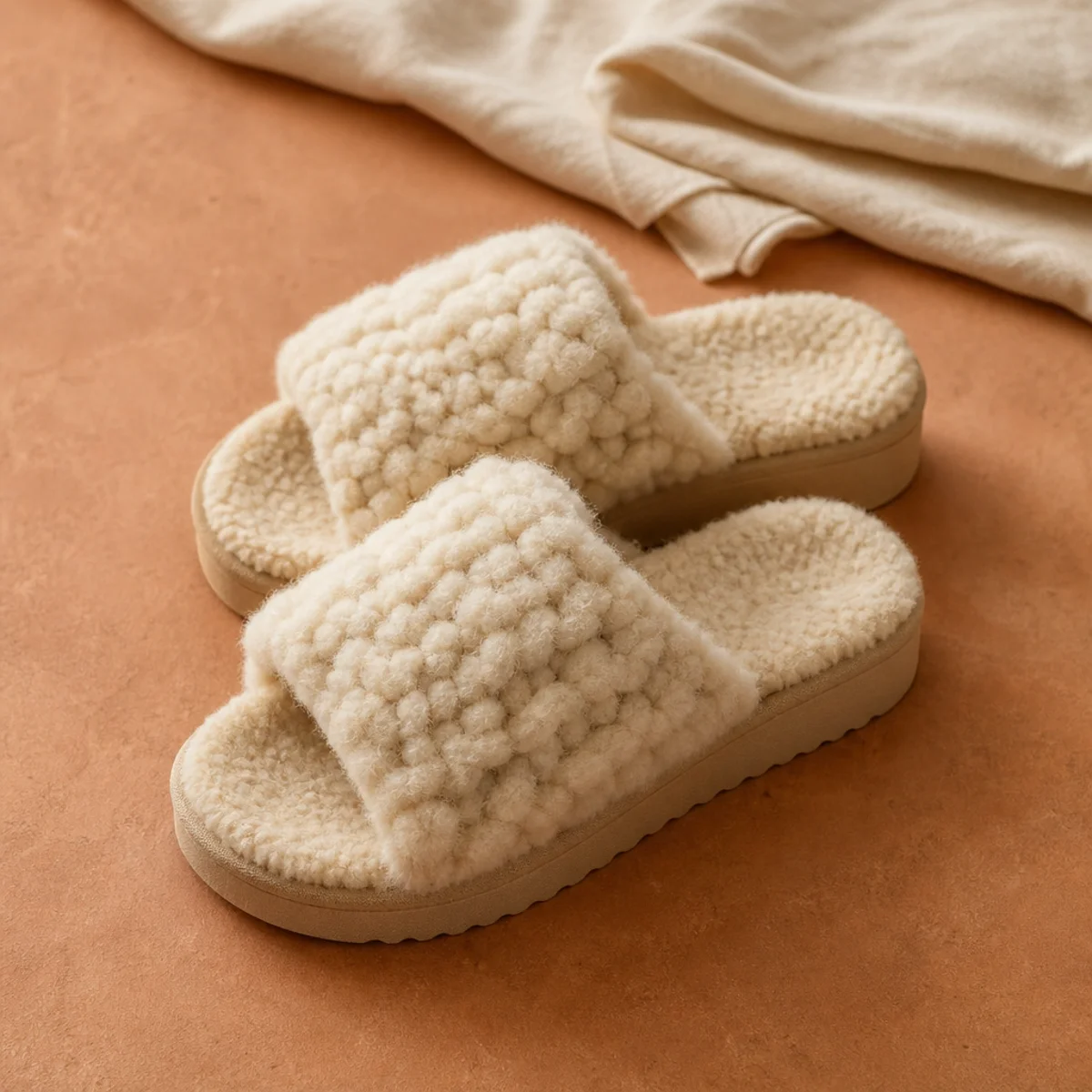 Faceless waist-up shot of an oversized cream chunky knit with soft grey sweatpants and shearling slides