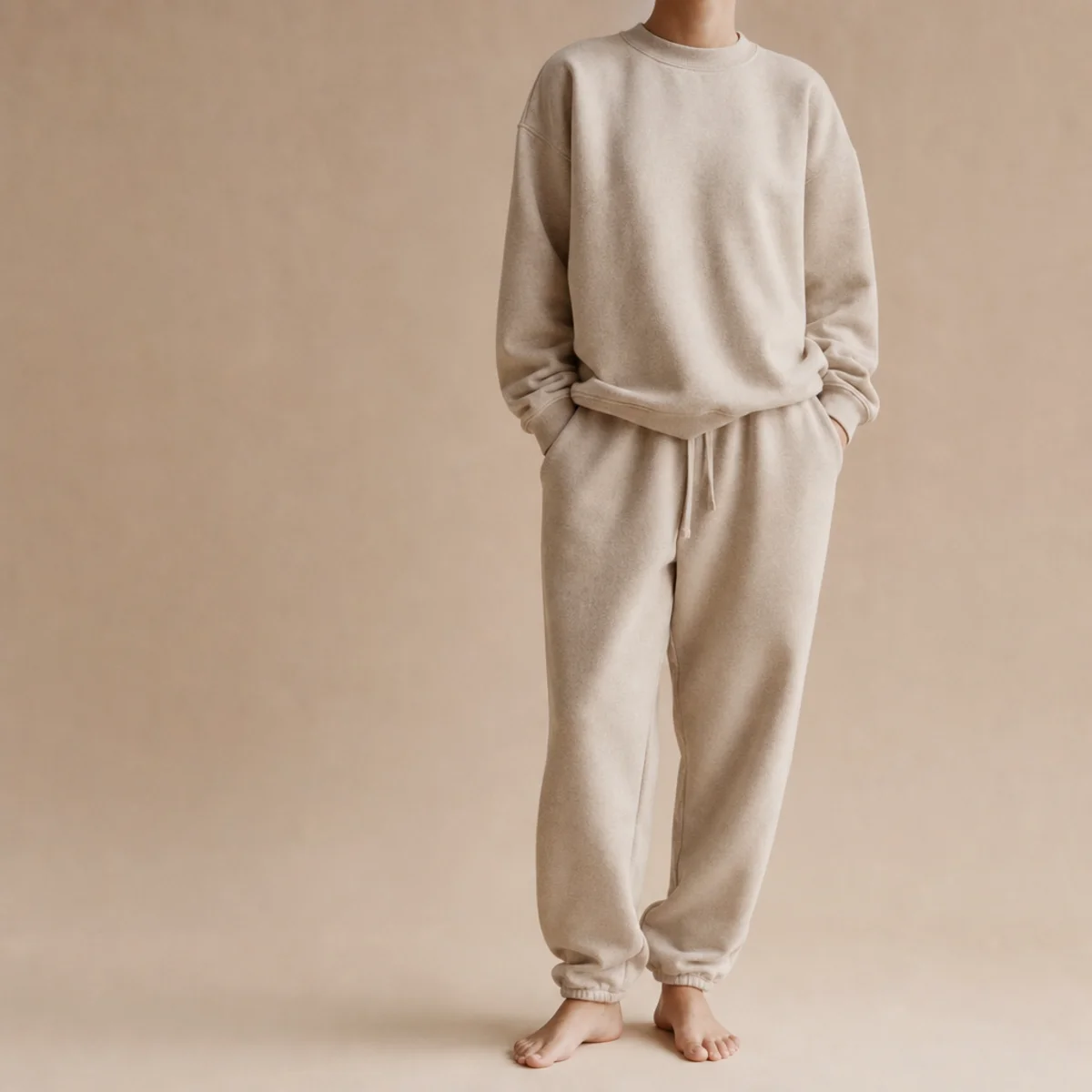 Faceless waist-up shot of a soft tonal fleece sweatshirt and matching sweatpants