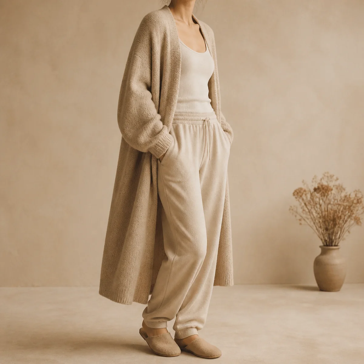 Faceless full-length shot of a long oversized cardigan worn over a tank and soft sweatpants
