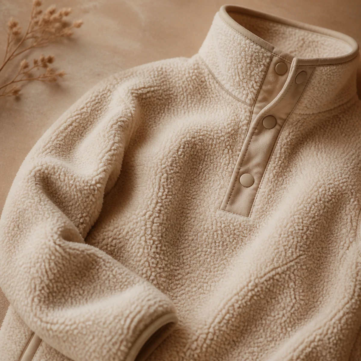 Faceless waist-up shot of a soft sherpa pullover with tapered sweatpants