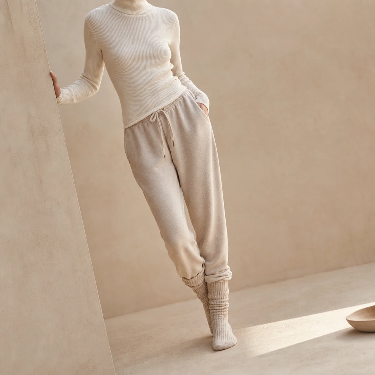 Faceless full-length shot of a fitted turtleneck with sweatpants and ribbed knit socks