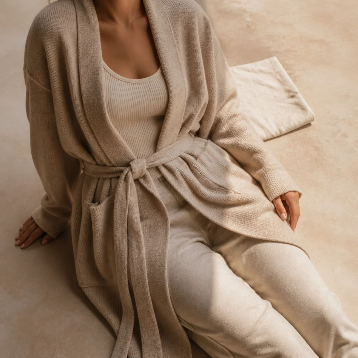 Faceless waist-up shot of a long belted robe-style cardigan over a tank and soft sweatpants