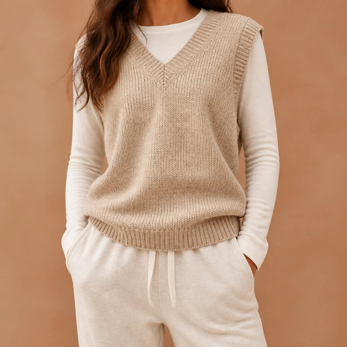 Faceless waist-up shot of a knit sweater vest over a long-sleeve top with sweatpants