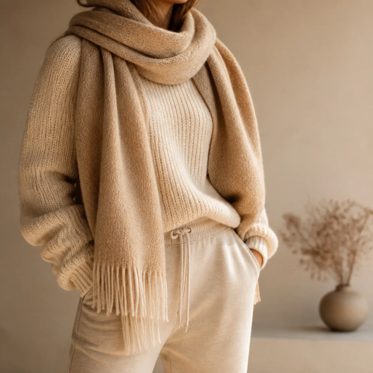Faceless waist-up shot of a knit jumper and oversized blanket scarf with soft sweatpants