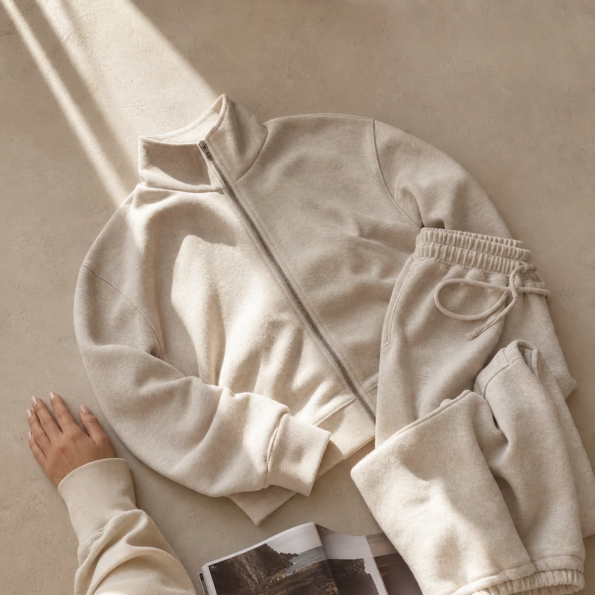 Faceless waist-up shot of a soft zip-up sweatshirt and matching sweatpants set