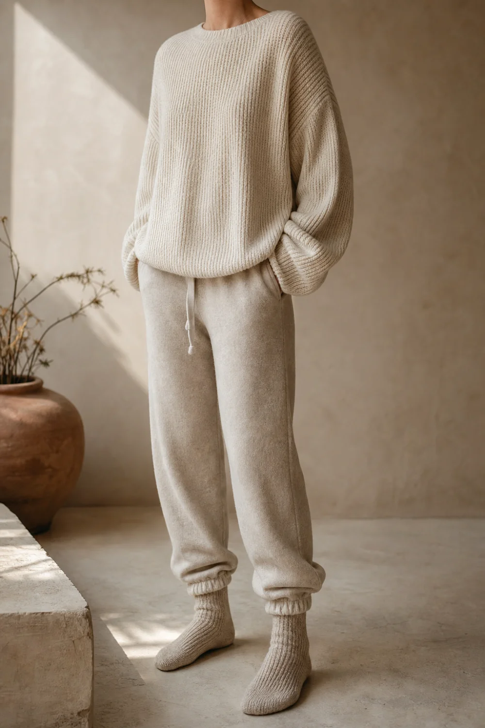 Faceless cozy sweatpants outfit with a chunky cardigan and shearling slides