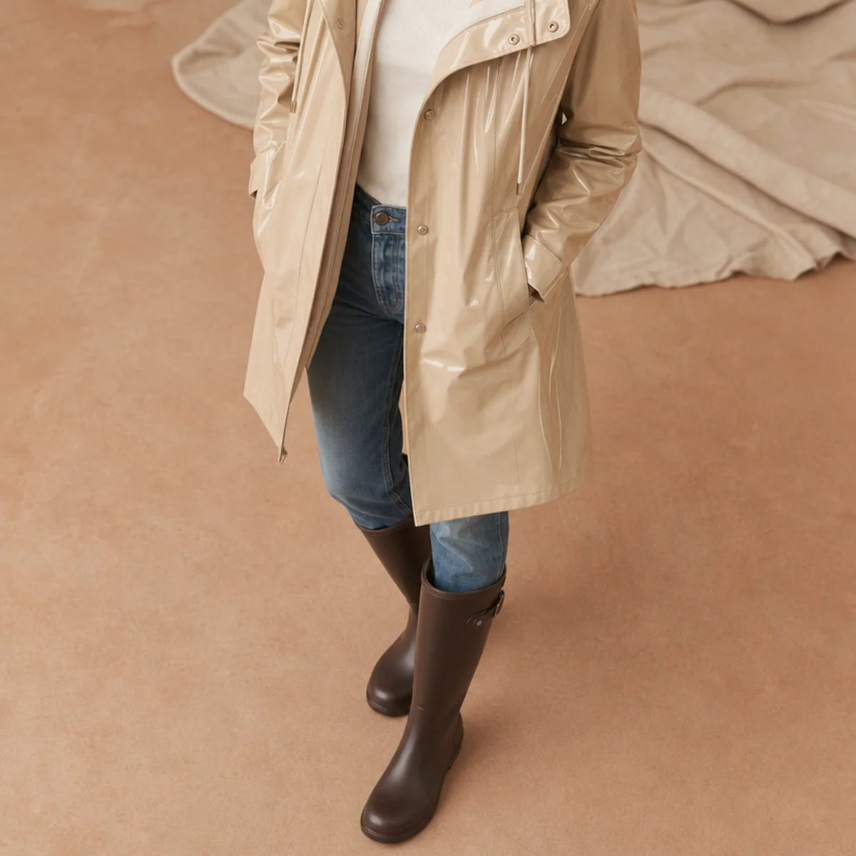 Faceless full-length shot of a sleek waterproof raincoat over jeans with tall rain boots