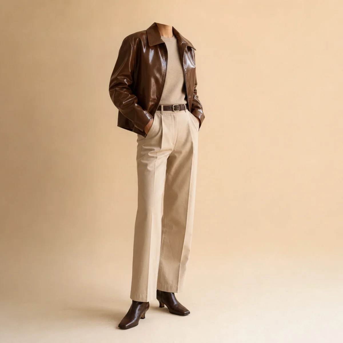 Faceless waist-up shot of a glossy coated jacket over a top with trousers and boots