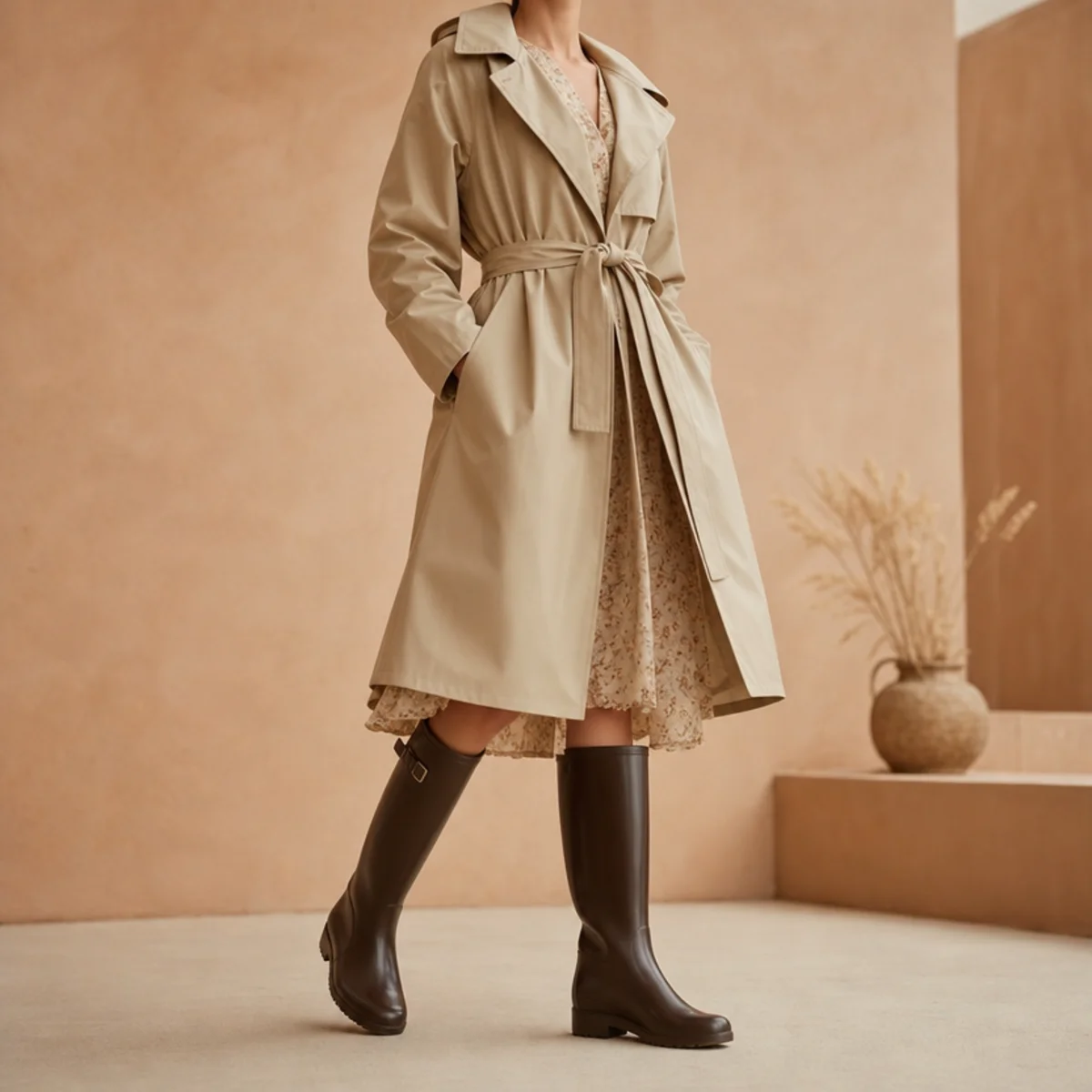 Faceless full-length shot of a belted raincoat over a dress with tall rain boots