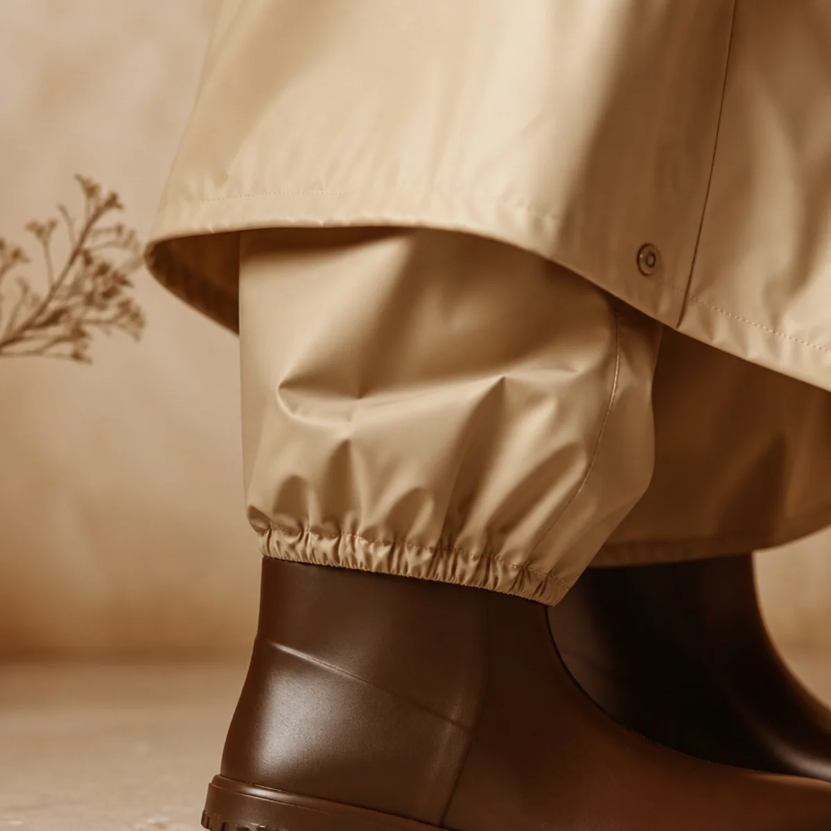 Faceless full-length shot of a waterproof cape over trousers with rain boots