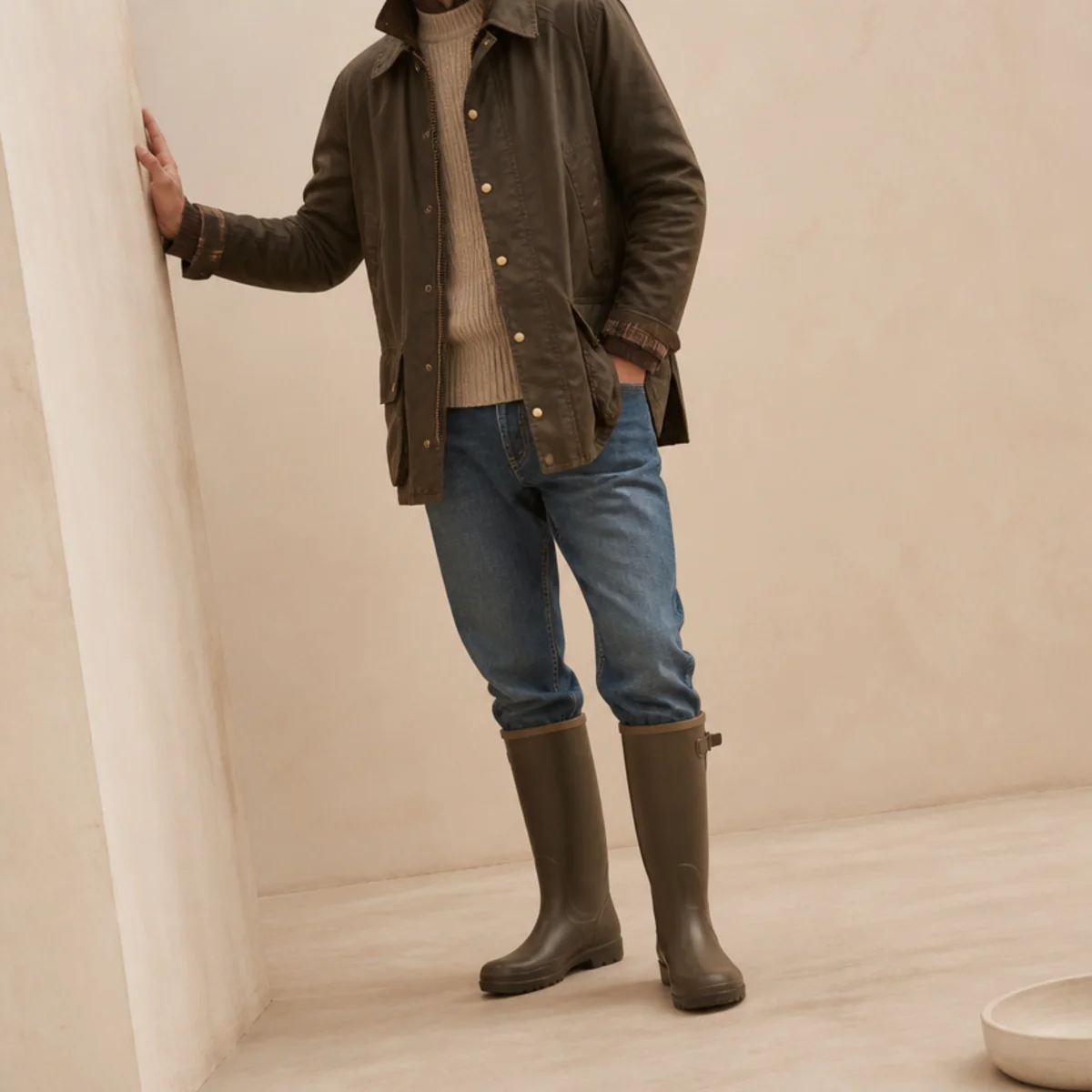 Faceless full-length shot of a waxed jacket over jeans with tall wellington boots