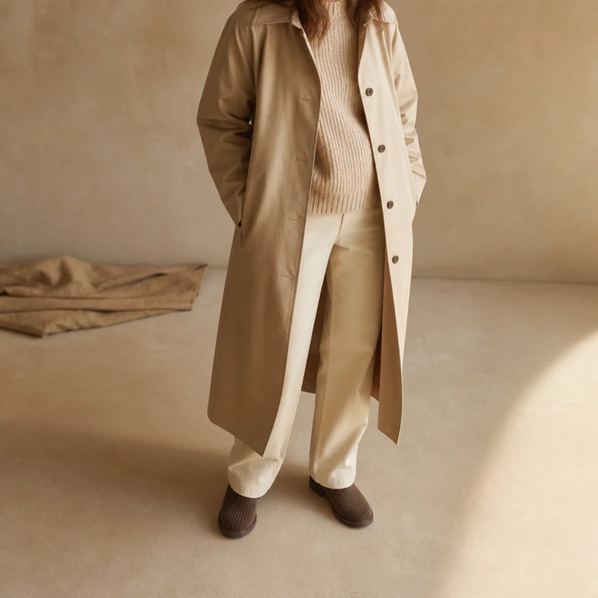 Faceless full-length shot of a longline raincoat over a knit with trousers and boots