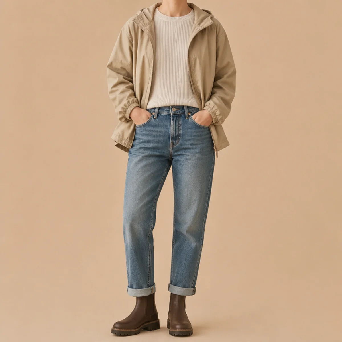 Faceless waist-up shot of a packable rain jacket over a top with jeans and treated boots