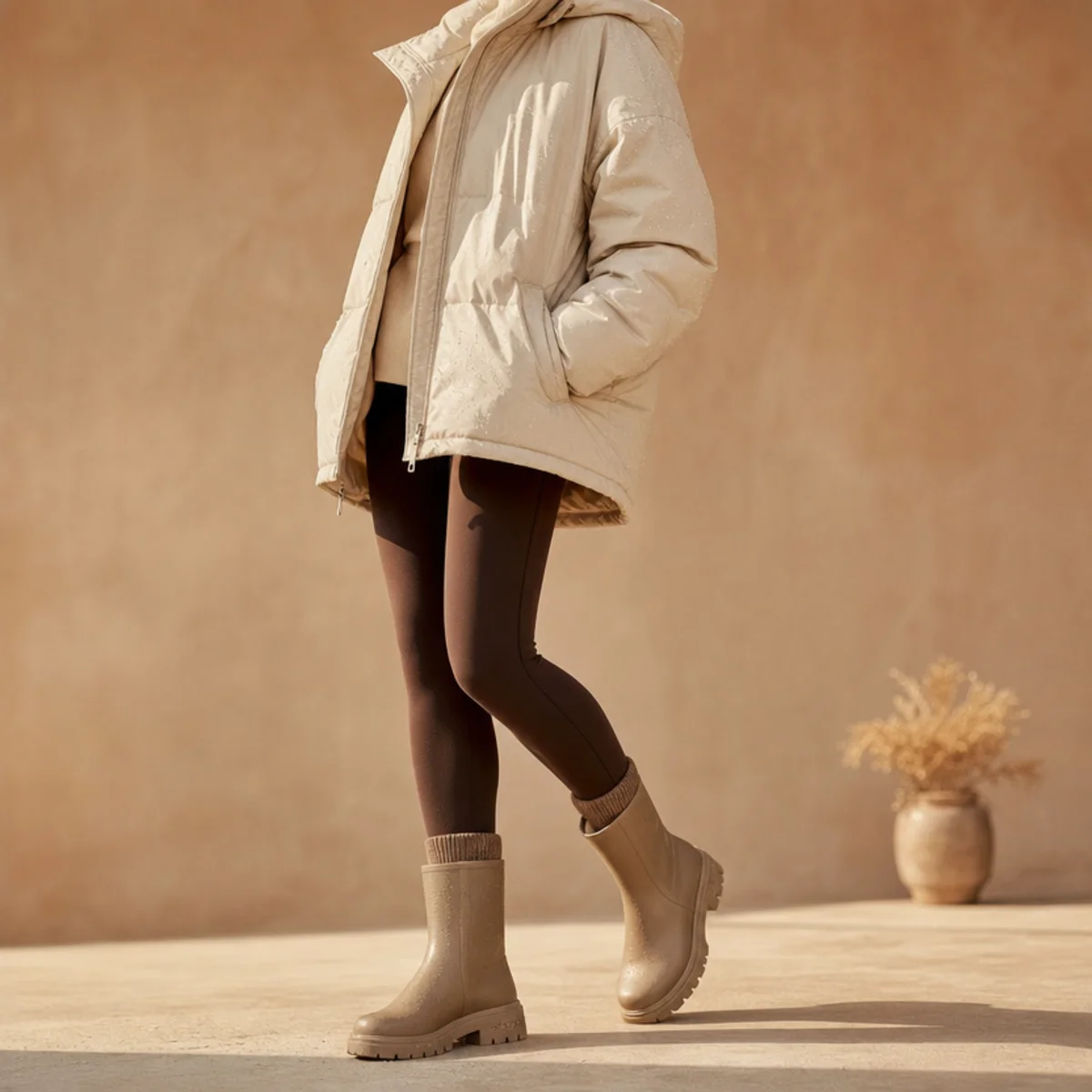 Faceless full-length shot of a hooded waterproof puffer over leggings with rain boots