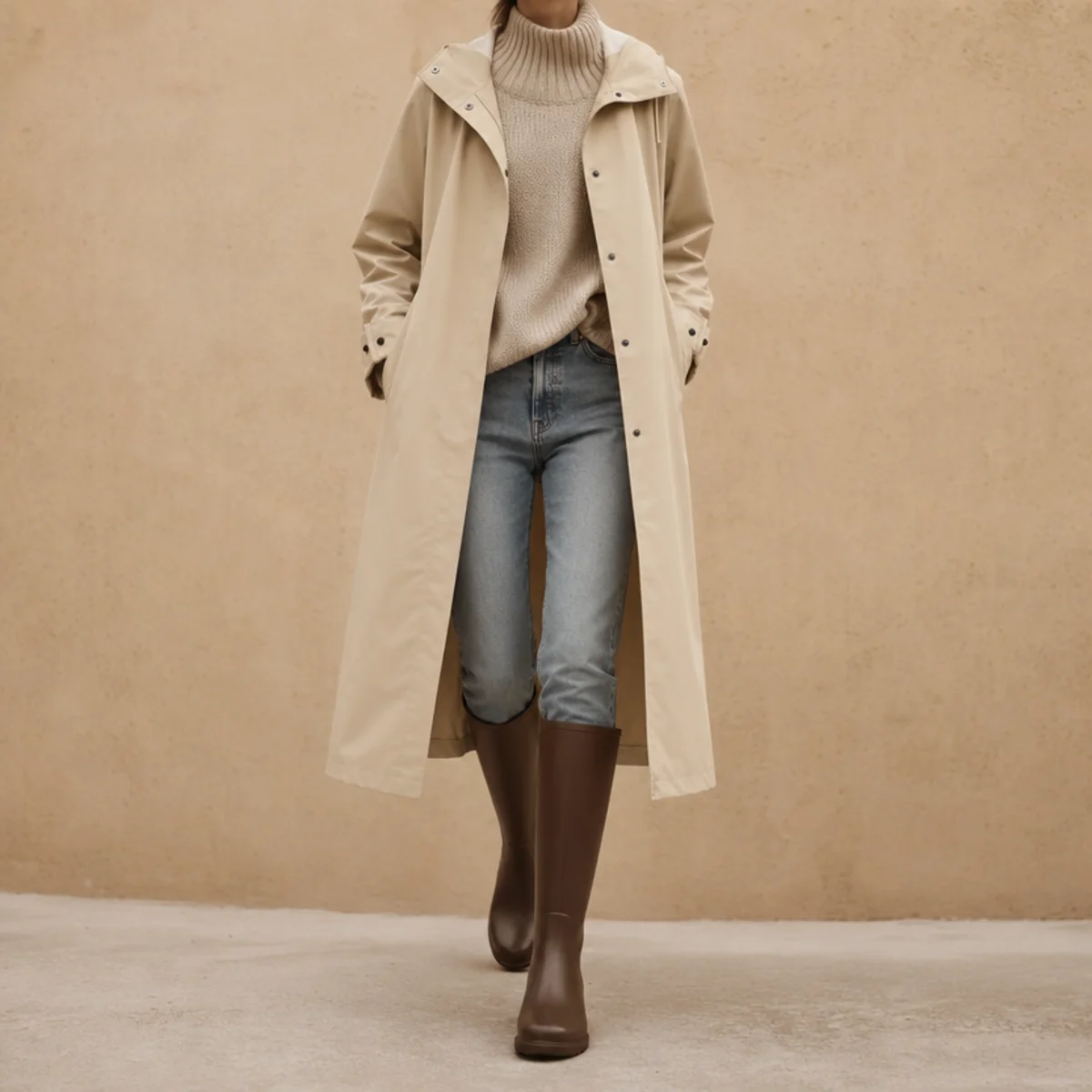 Faceless full-length editorial shot of a sleek waterproof raincoat over jeans with tall rain boots