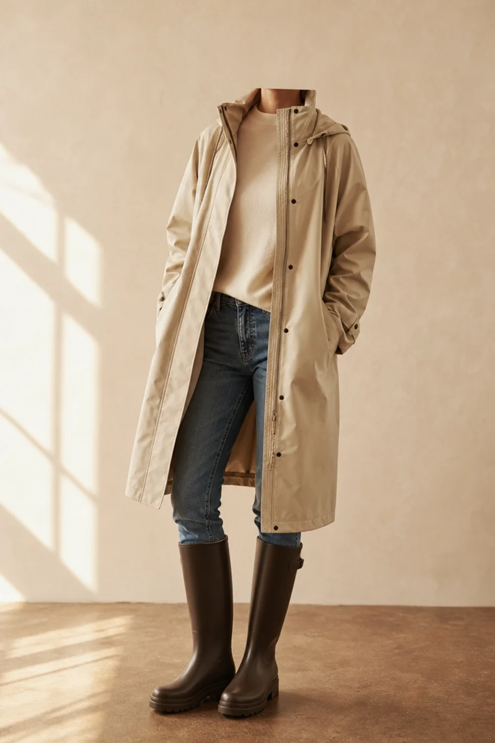 Faceless cute waterproof outfit with a raincoat, jeans and rain boots