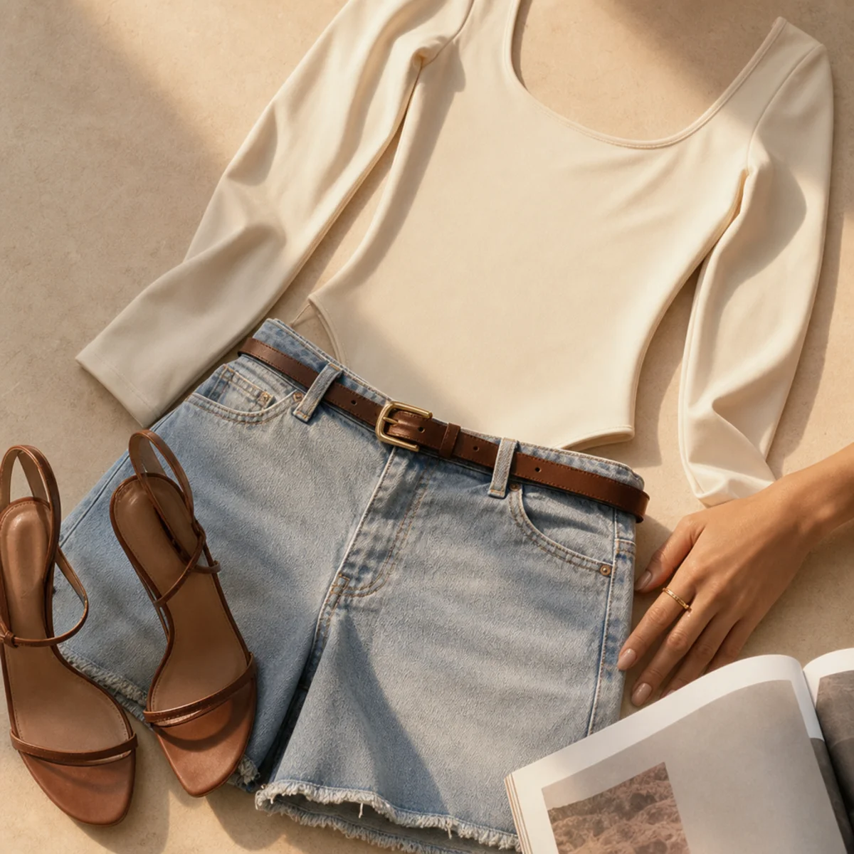 Faceless waist-up shot of a fitted bodysuit with denim jorts, a slim belt and heels