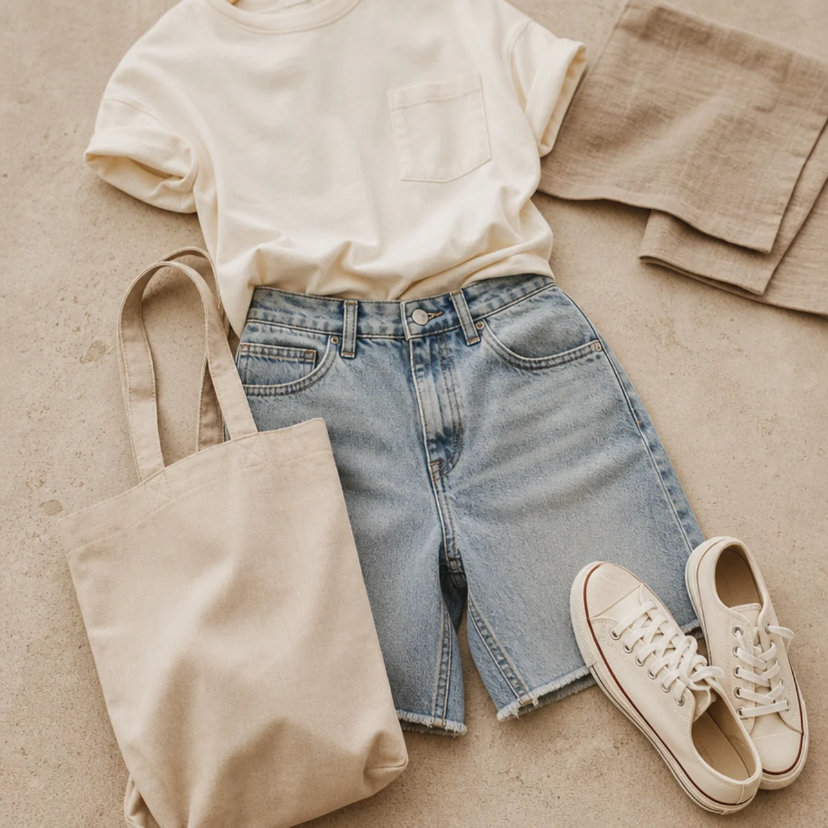 Faceless waist-down shot of denim jorts with a tucked tee, canvas tote and sneakers