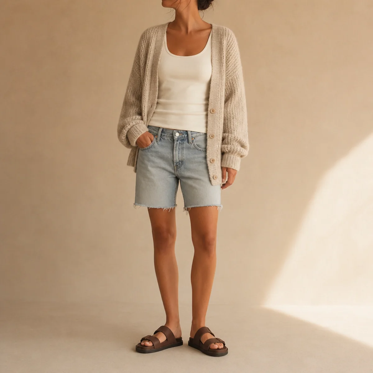 Faceless waist-up shot of a tank with an open cardigan and denim jorts for an everyday look