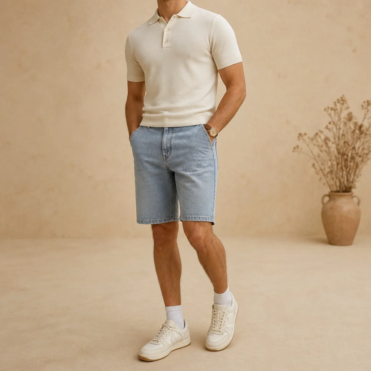 Faceless waist-up shot of a fitted polo with denim jorts and sneakers for an everyday look
