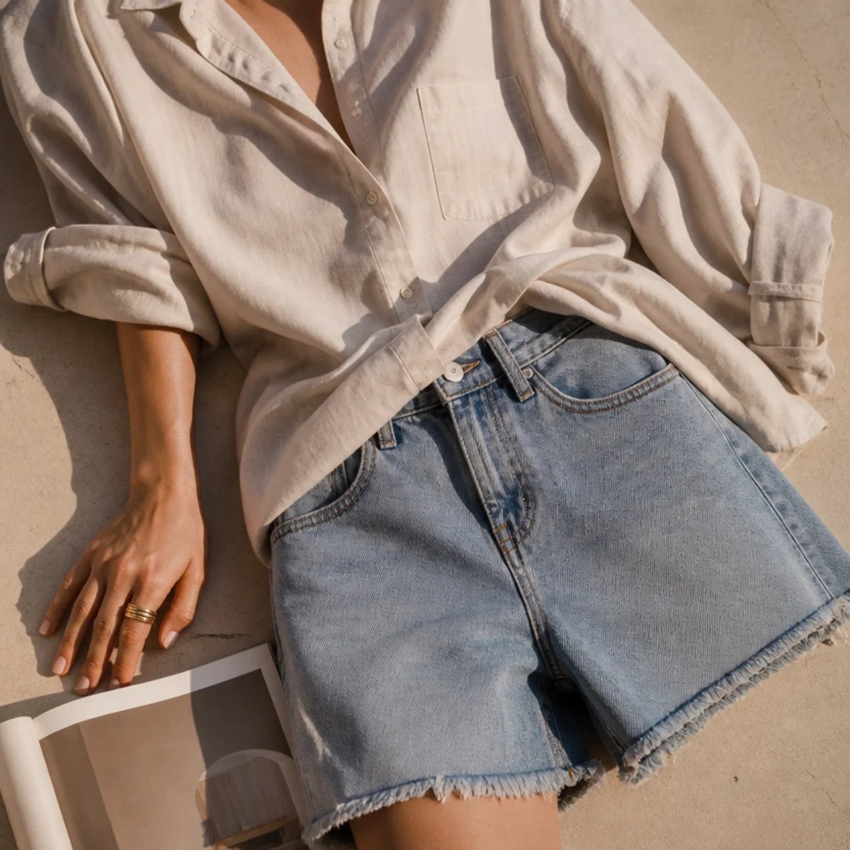 Faceless waist-up shot of an oversized button-down half-tucked into denim jorts for an everyday look