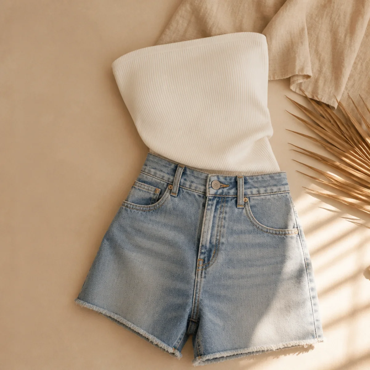 Faceless waist-up shot of a fitted tube top with high-waisted denim jorts for an everyday look