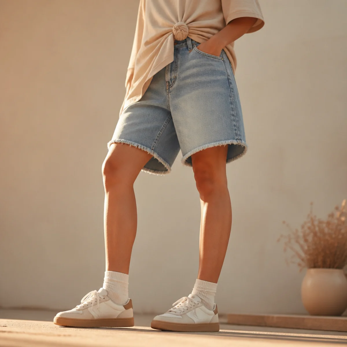 Faceless waist-down shot of denim jorts with a knotted oversized tee and sneakers for an everyday look