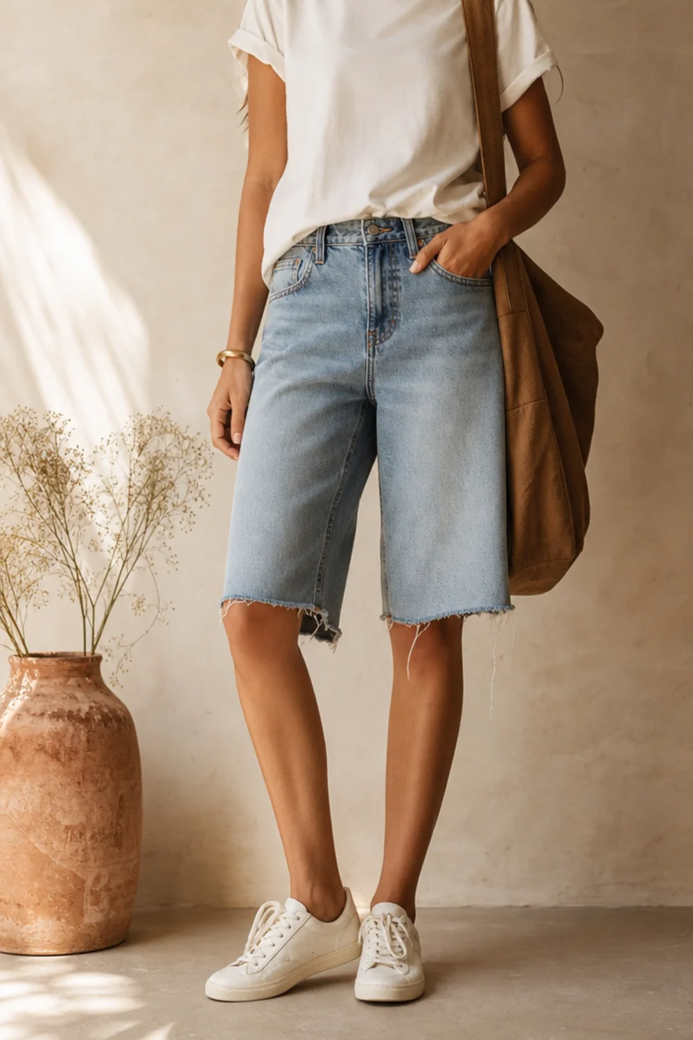 Faceless everyday jorts outfit with a tee, tote bag and sneakers