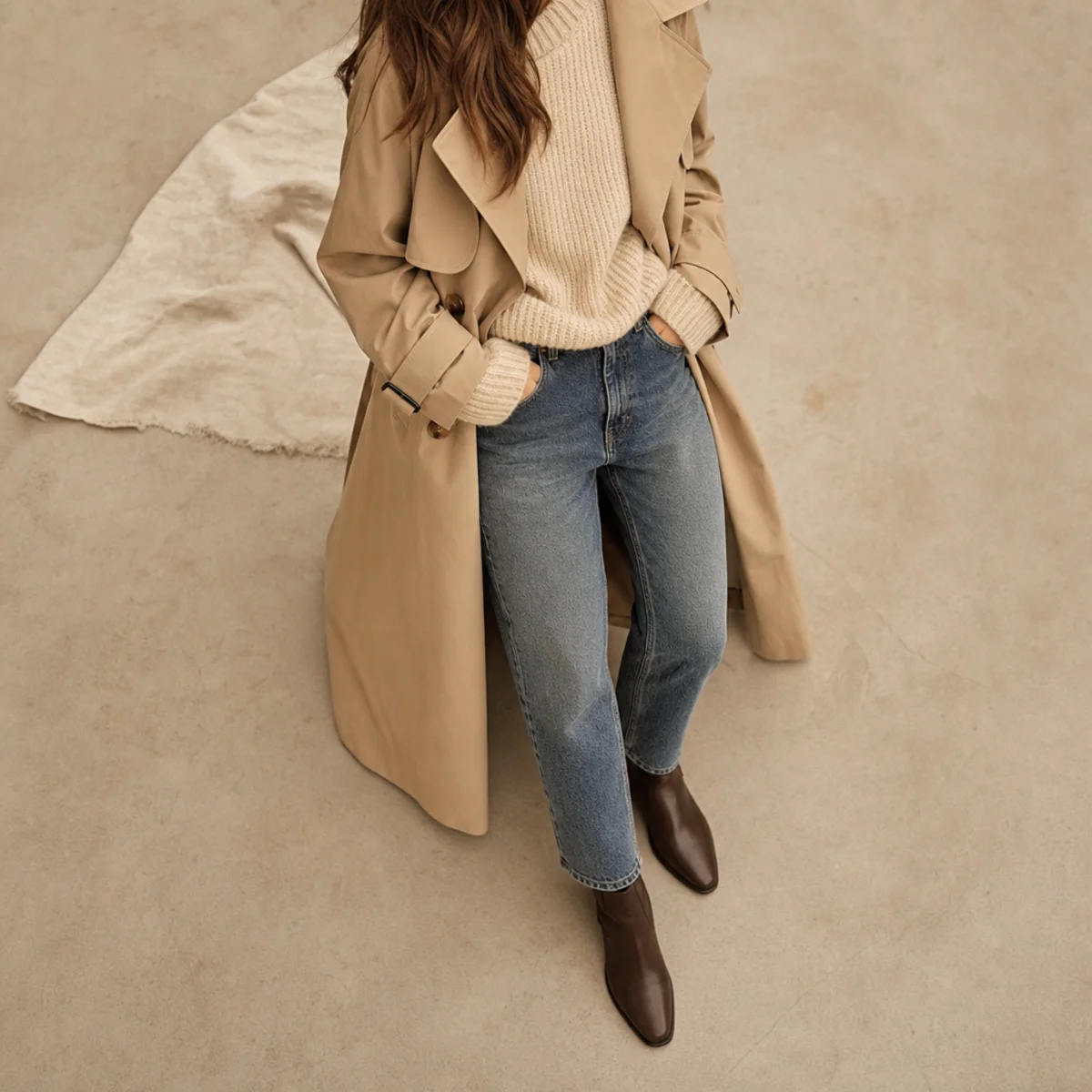 Faceless full-length shot of a trench over a chunky knit with jeans and ankle boots in autumn