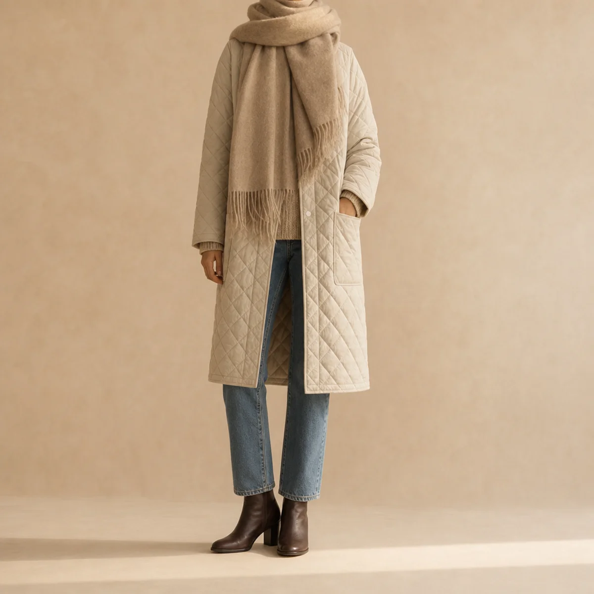 Faceless full-length shot of a quilted coat with a big scarf, jeans and boots in autumn