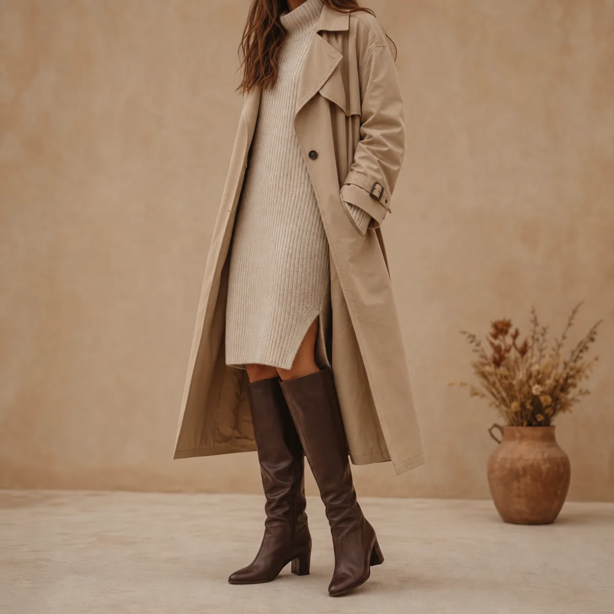 Faceless full-length shot of a sweater dress under a trench with tall boots in autumn