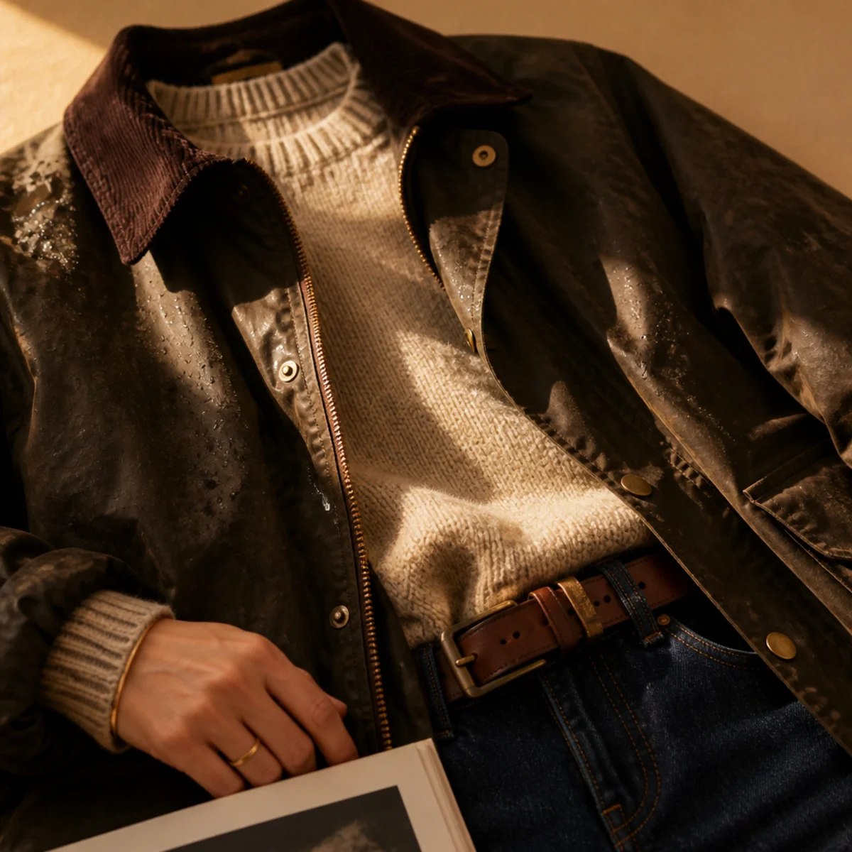 Faceless waist-up shot of a waxed jacket over a knit with jeans in autumn rain
