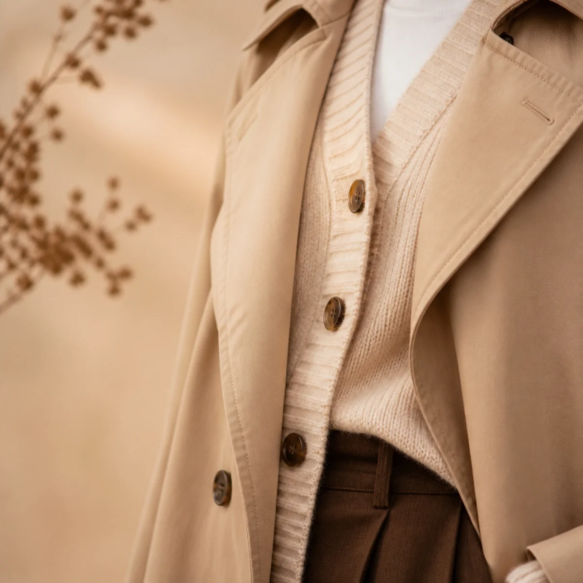 Faceless full-length shot of a chunky cardigan under a trench with trousers and boots in autumn