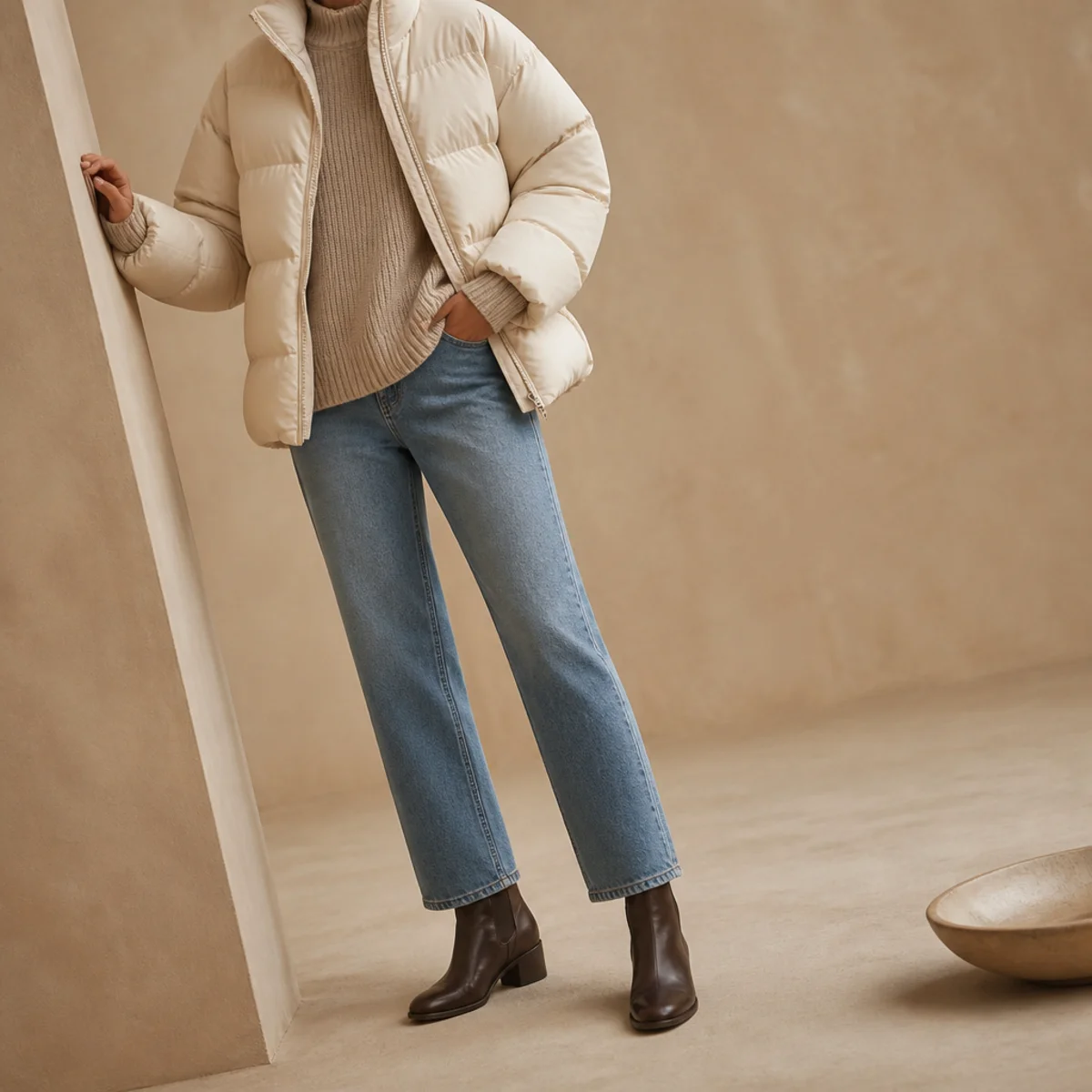 Faceless full-length shot of a puffer over a knit with jeans and boots in autumn rain